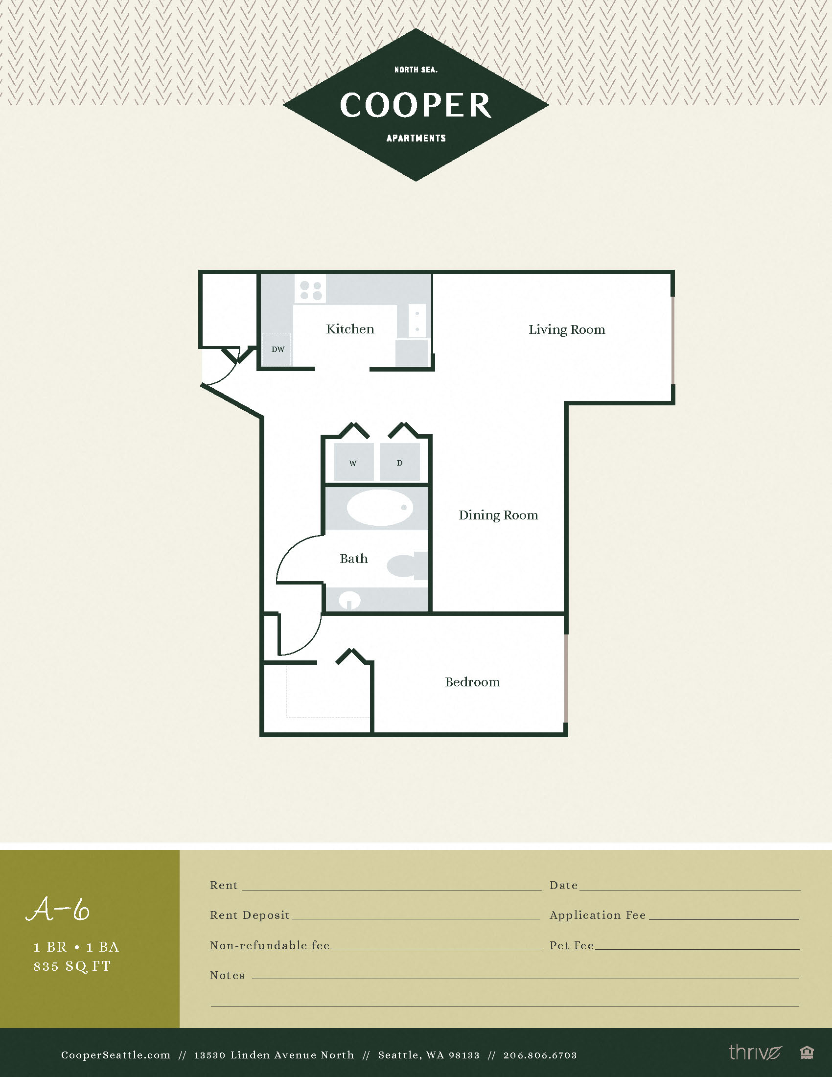 Floor plan for 1 bed, 1 bath, 835 sqft